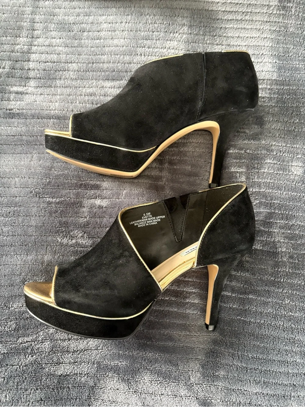 Karl Lagerfeld Evette Black Suede Peep-Toe Heels with Gold Trim